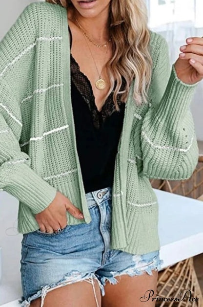 Large Big Loose Strip Printed Vintage Tops Long Sleeve Cardigan Green / S