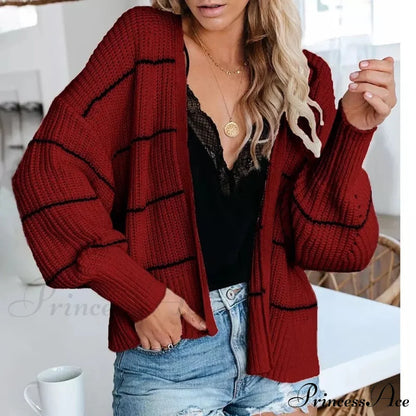 Large Big Loose Strip Printed Vintage Tops Long Sleeve Cardigan Red / S