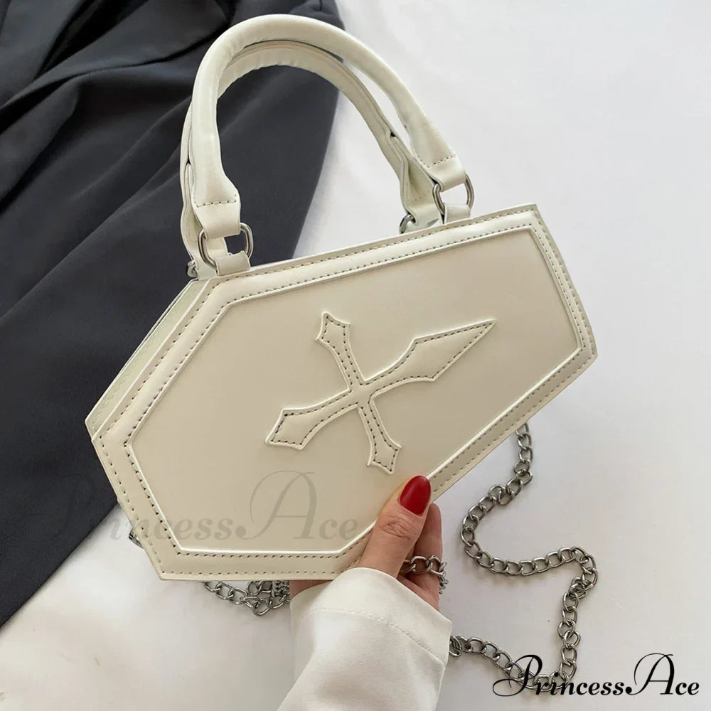 Large Capacity Coffin Shape Phone Shoulder Pu Top Handle Travel Cosmetic Crossbody Bag White