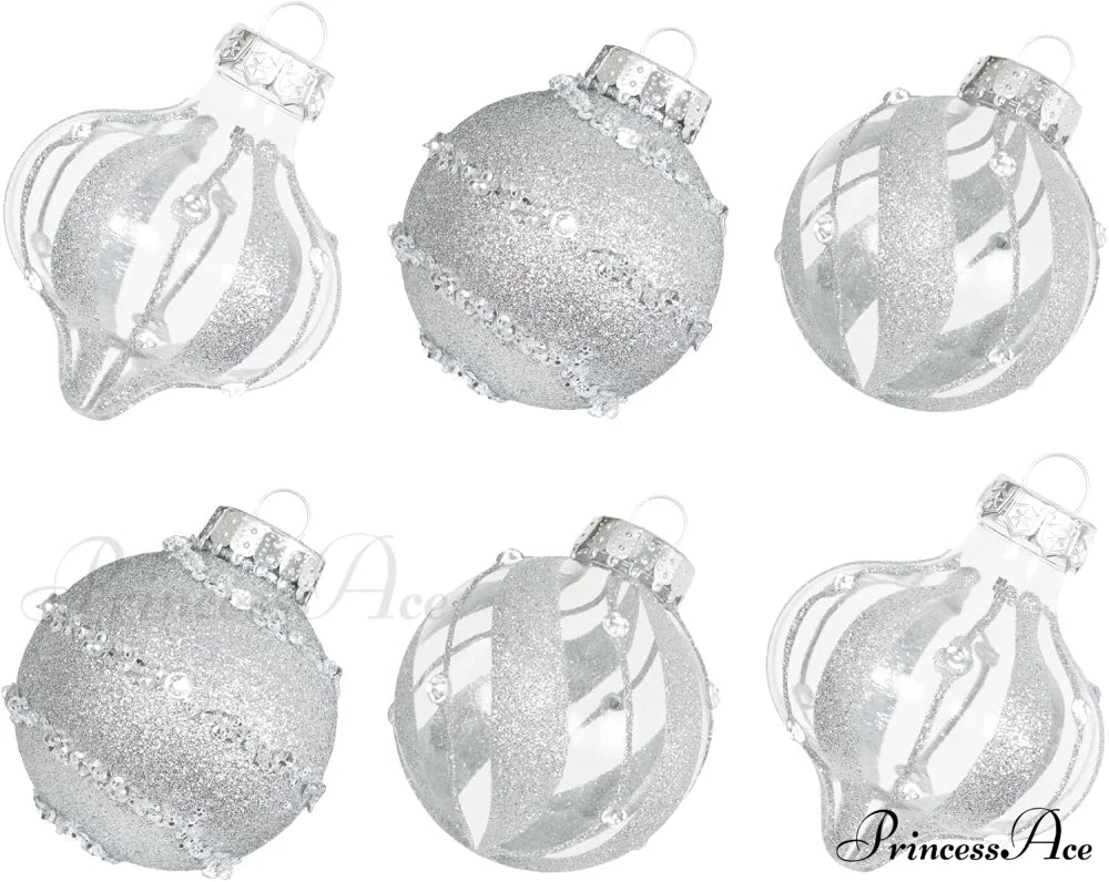 Large Shatterproof Clear Glitter Plastic Christmas Ball Ornaments - Flaxen Diamond Silver /