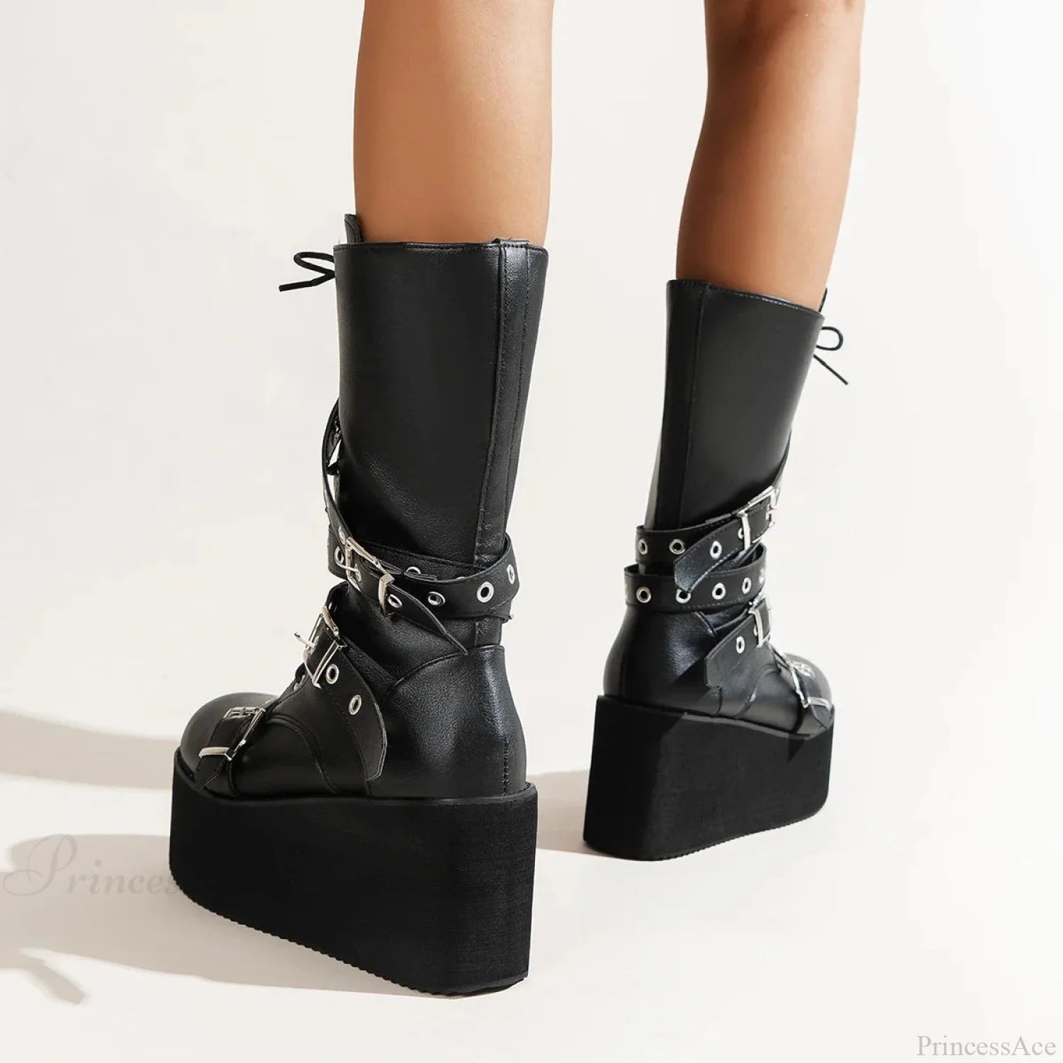 Large Size Women Tie Up Buckle Elevated Gothic Boot