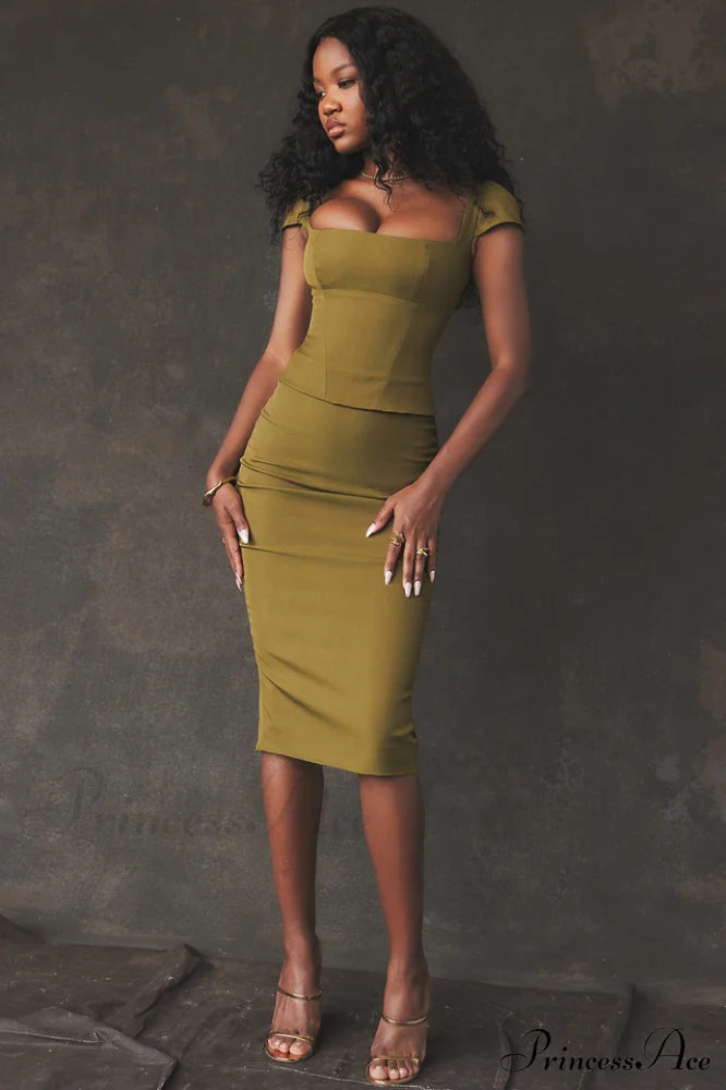 Layana Olive Stylish Corset Midi Dress