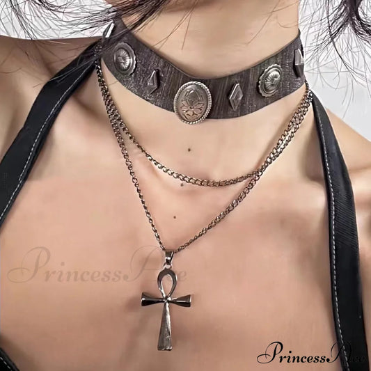 Layered Cross Brown Leather Choker Roman Rivet Punk Versatile Necklace Black Halloween