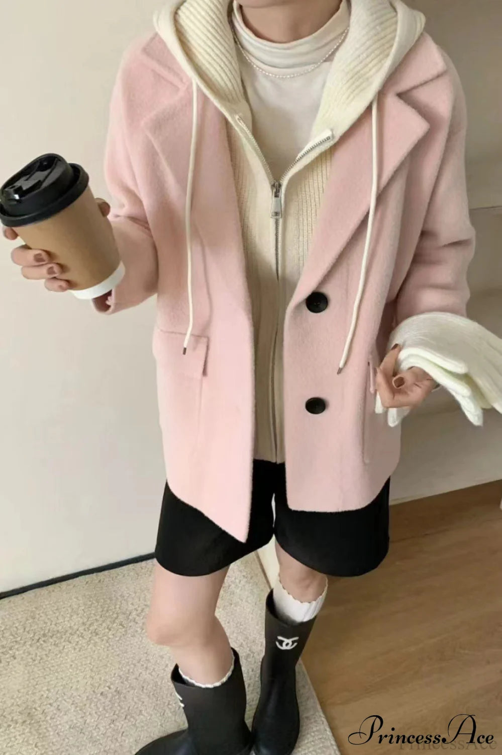 Layered-Look Wool Blend Loose Slim-Fit Knit Cardigan Coat Pink / One Size