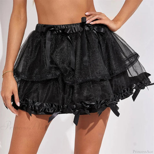 Layered Mesh Bow Tutu Skirt Black / S