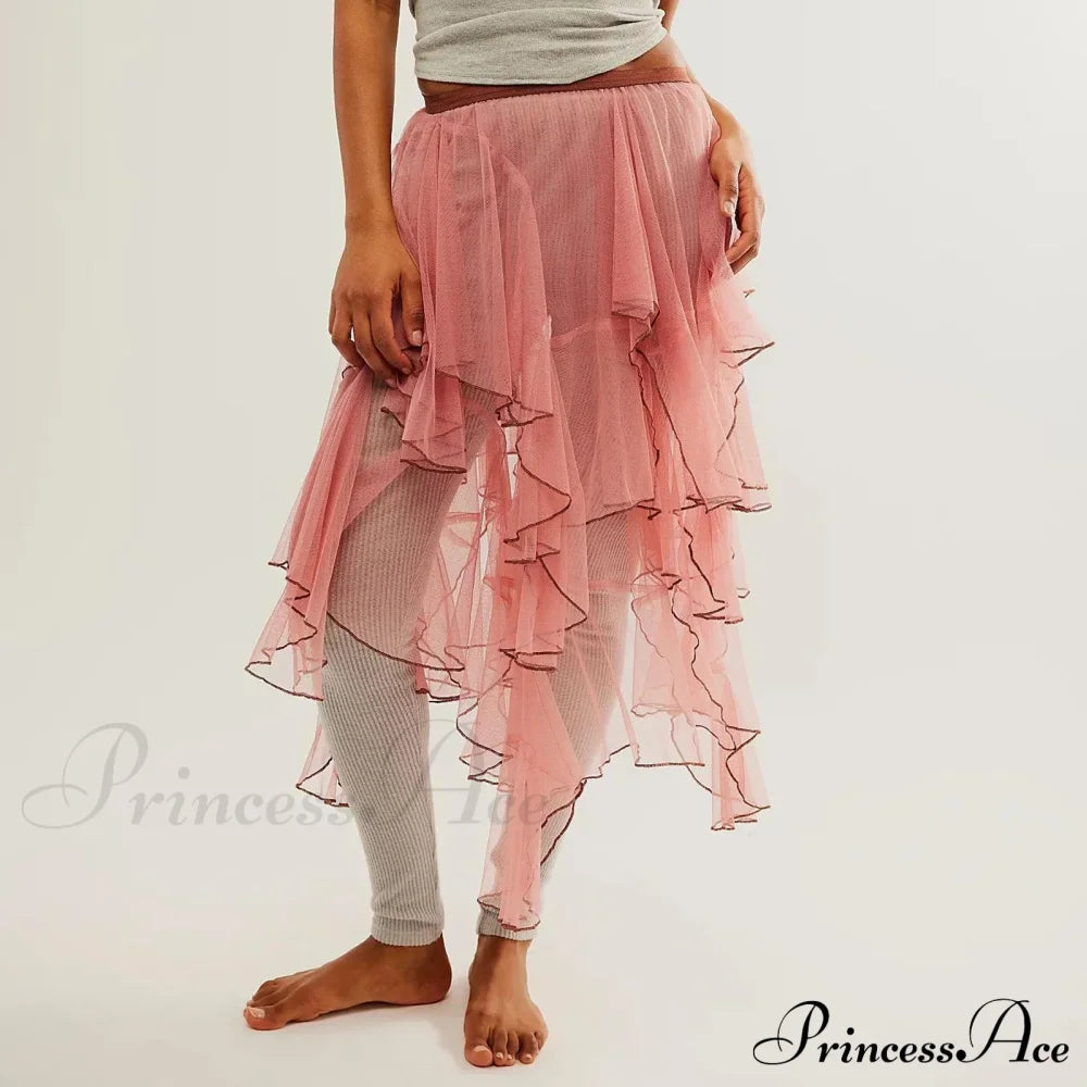 Layered Ruffled Mesh Sheer High Waist Lace Midi Skirt Pink / S