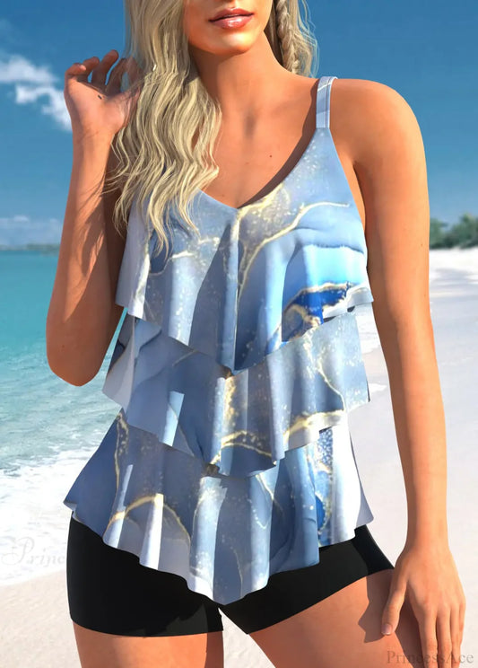 Layered Strap Printed Beach Two Piece Set Blue / S
