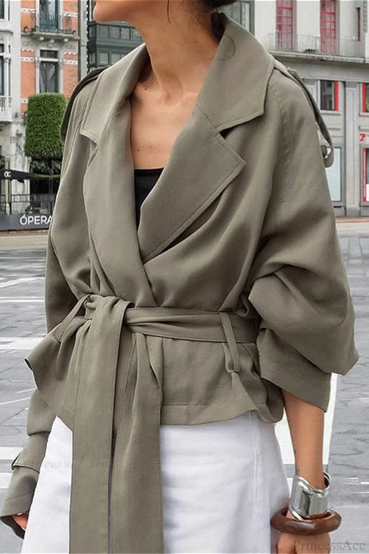 Lazy Casual Chic Wide Collar Tie Waist Trench Coat Green / S