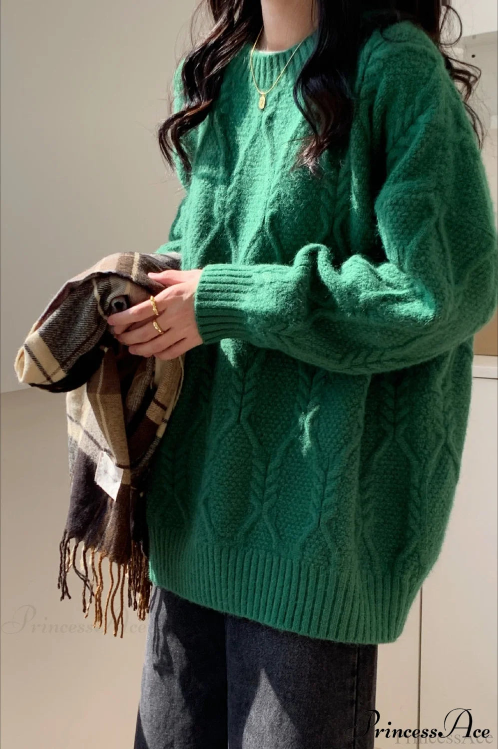 Lazy Style Candy-Colored Cable-Knit Sweater Green / One Size