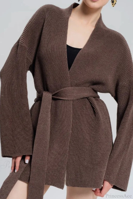 Lazy-Style Oversized Belted Knit Cardigan Brown / One Size