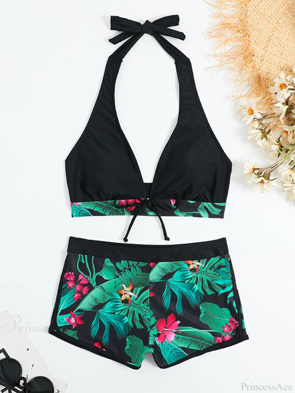 Leaf Print Knot Front Halter Two Piece Set black2 / S