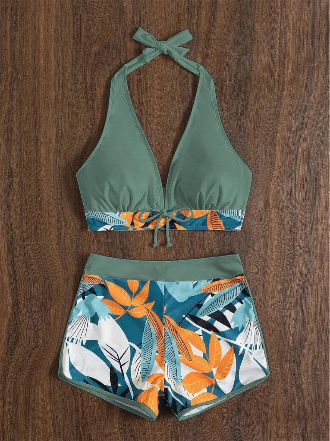 Leaf Print Knot Front Halter Two Piece Set Blackish Green / S