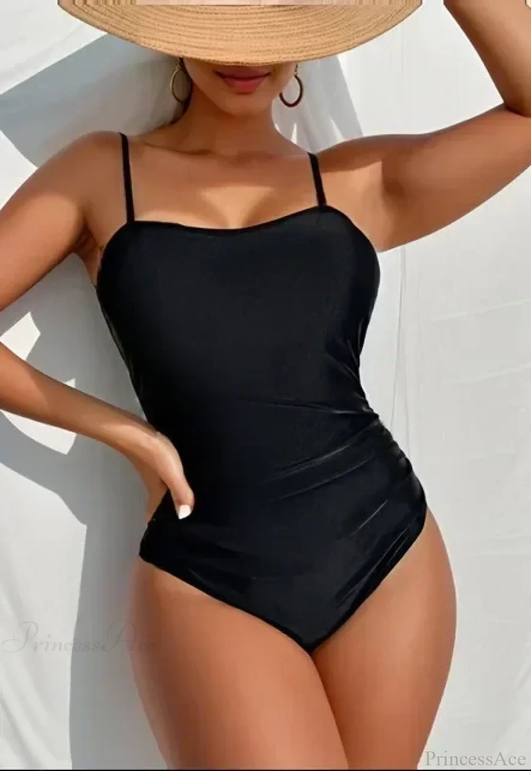 Leaf Print Shirred Square One Piece Set black / XS