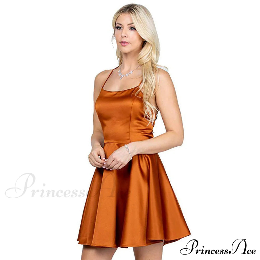 Leandra Satin Stylish Skater Dress Coral Color / L S.o. Short Dresses