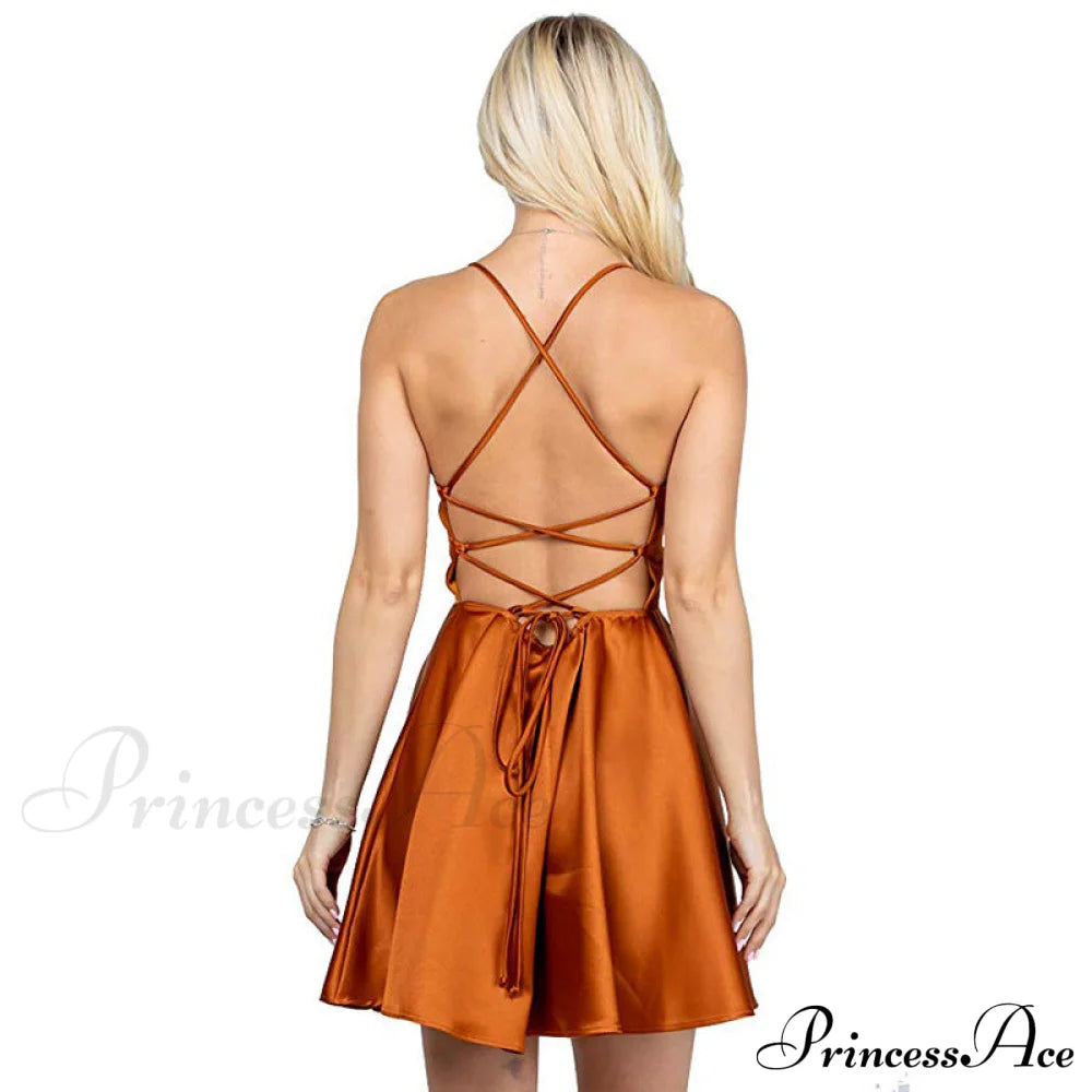 Leandra Satin Stylish Skater Dress Coral Color / S S.o. Short Dresses
