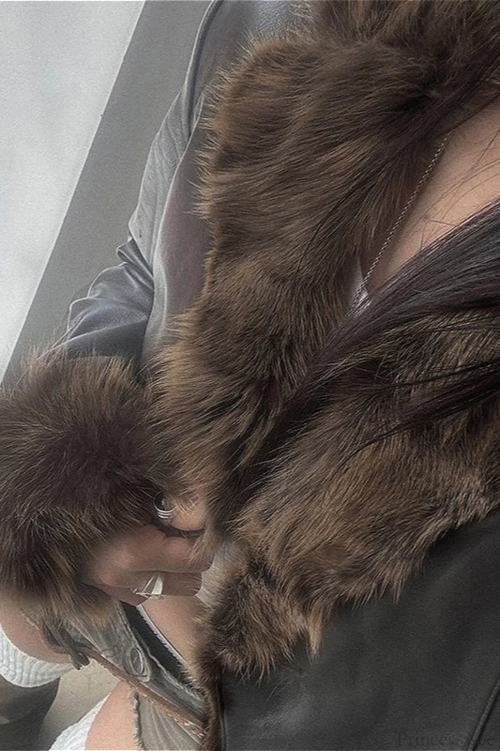 Leather Faux Fur Panel Collared Fitted Warm Coat