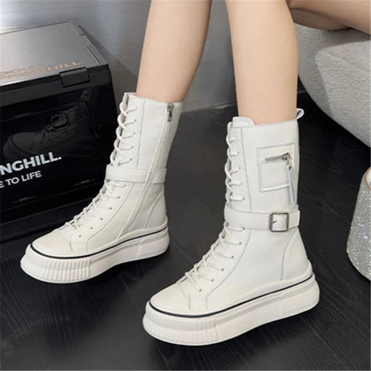 Leather Strap Clasp Platform Western Boot WHITE / 35