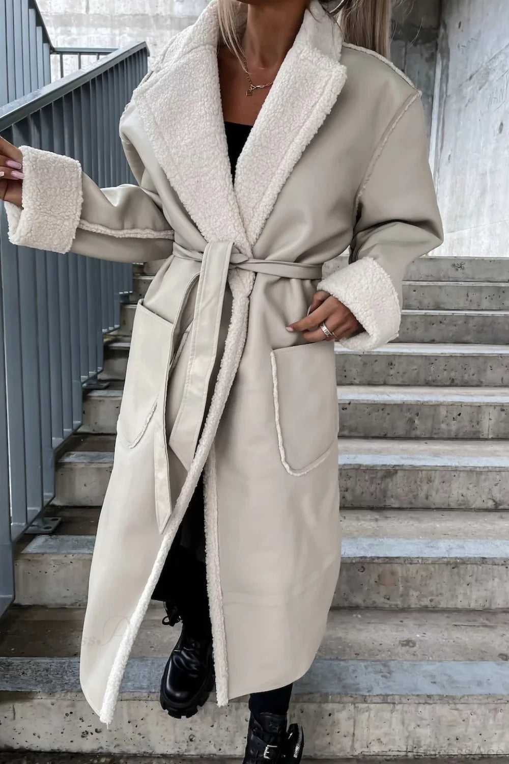 Leather Thickened Trench-Inspired Relaxed Tie Waist Overcoat