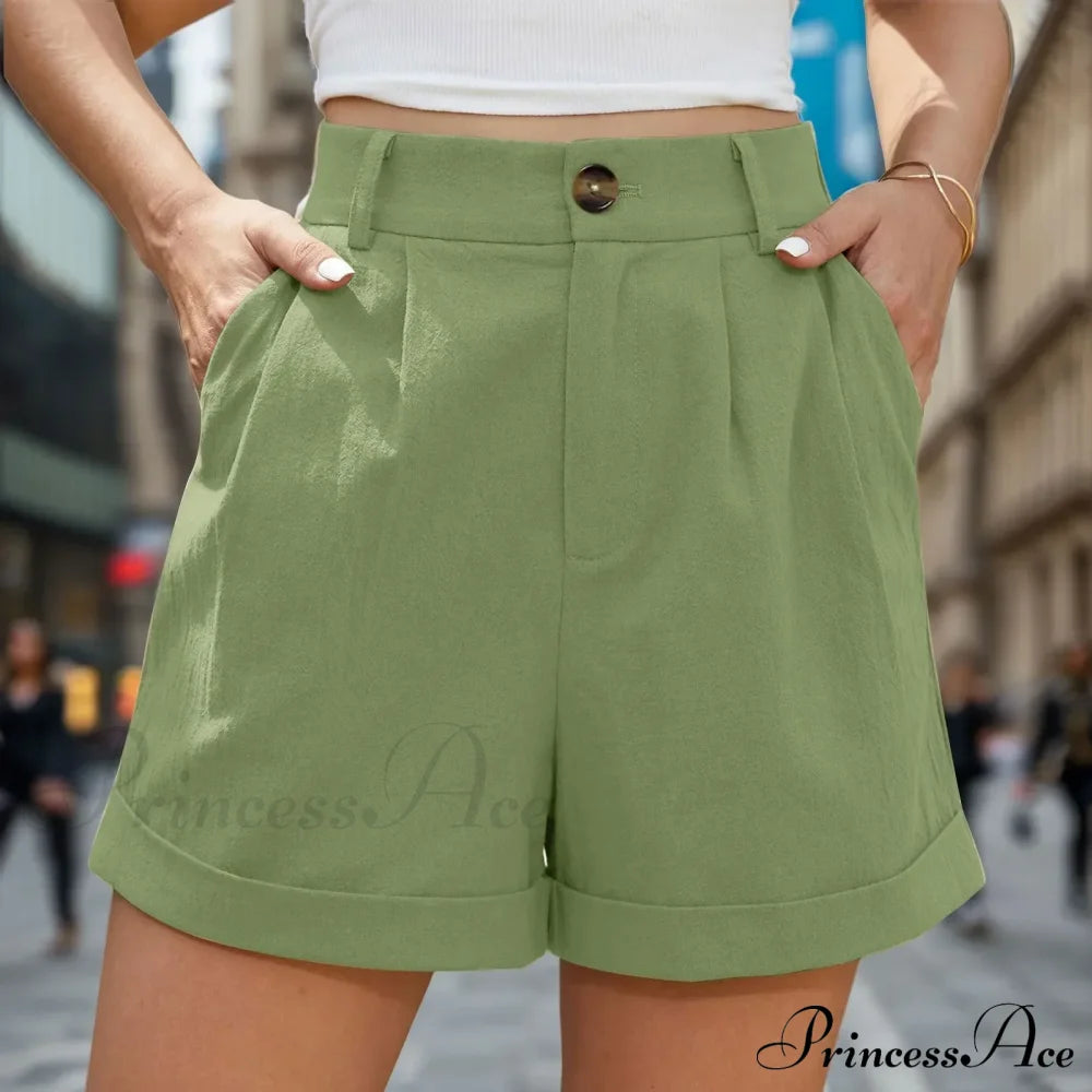 Leg High Waist Linen Pleated Zippered Wrap Commuting Casual Summer Short Green / S