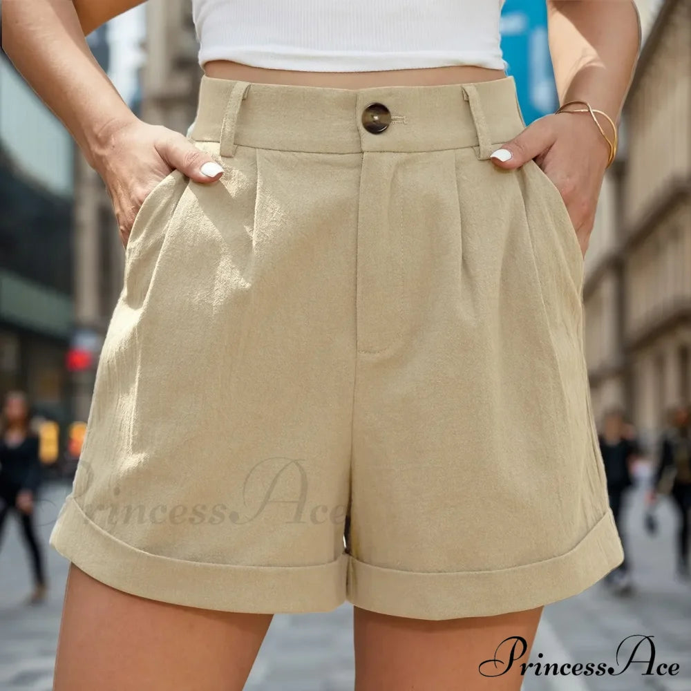 Leg High Waist Linen Pleated Zippered Wrap Commuting Casual Summer Short Khaki / S