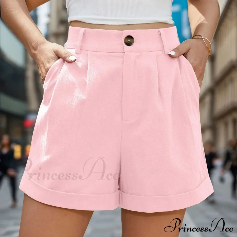 Leg High Waist Linen Pleated Zippered Wrap Commuting Casual Summer Short Pink / S