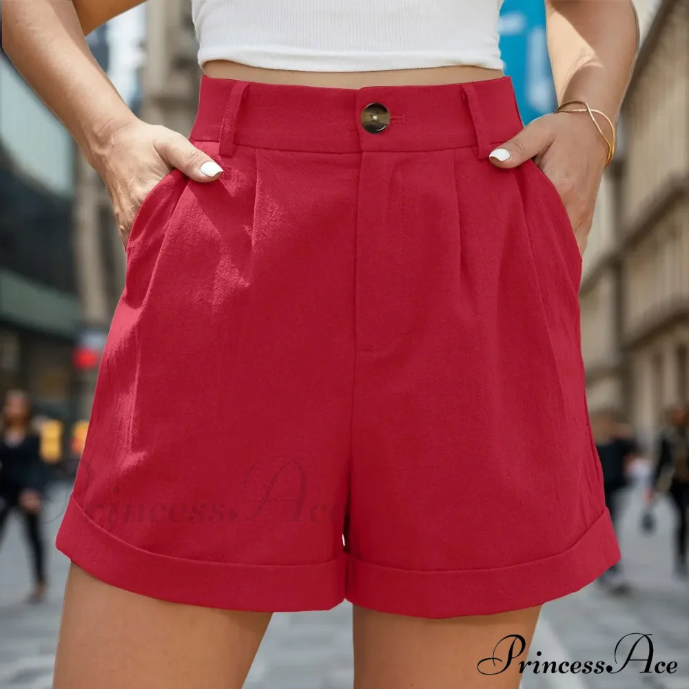 Leg High Waist Linen Pleated Zippered Wrap Commuting Casual Summer Short Red / S