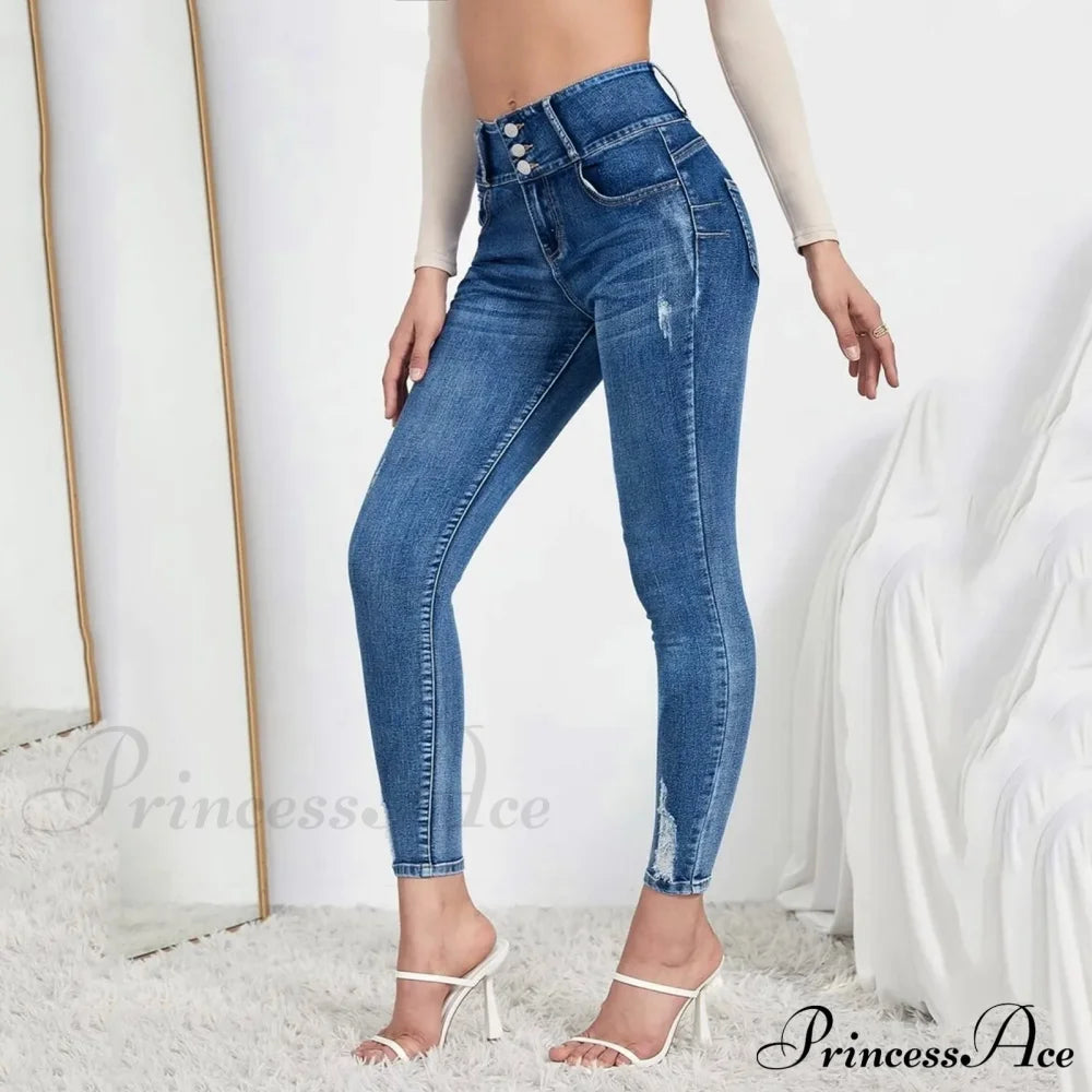 Leg Stretchy High Waisted Buttoned Denim Jeans