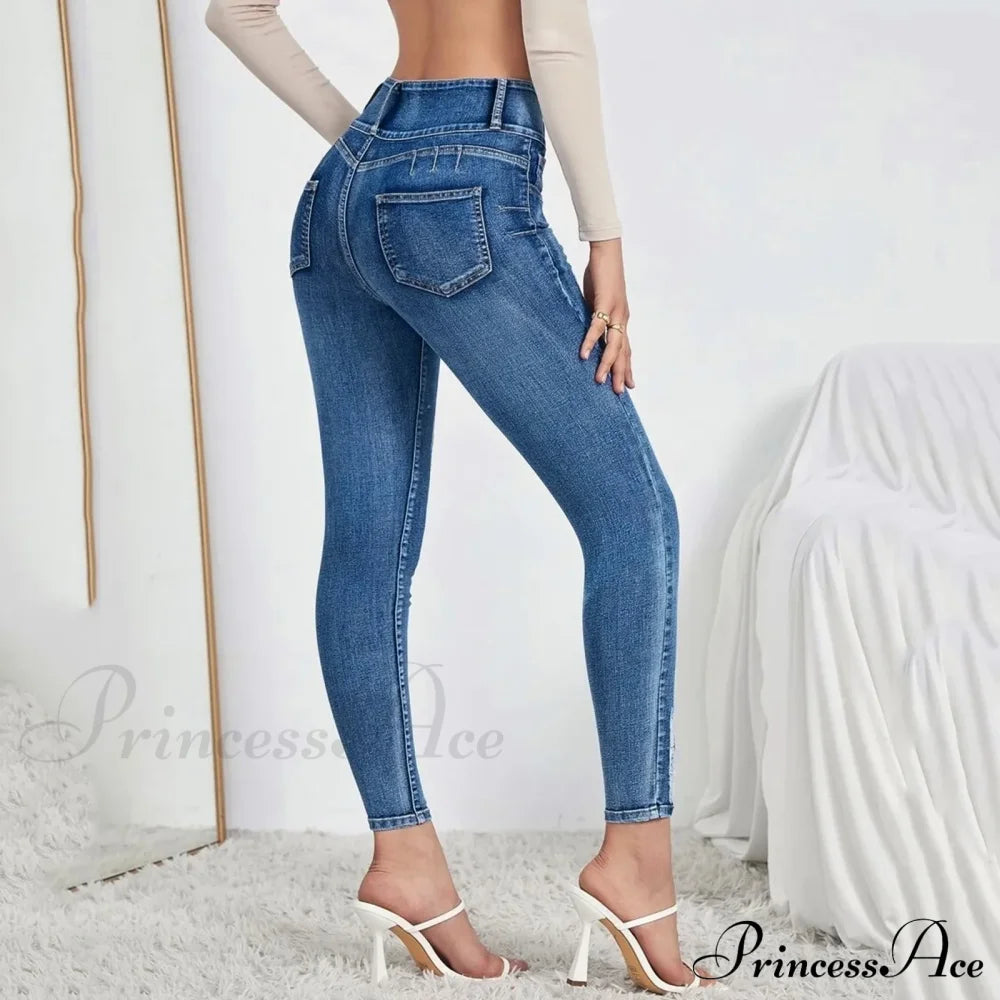 Leg Stretchy High Waisted Buttoned Denim Jeans