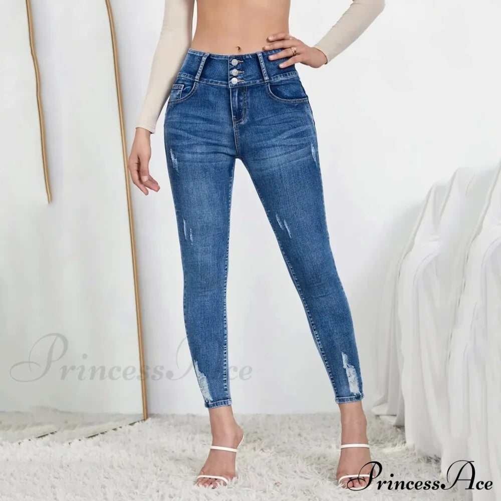 Leg Stretchy High Waisted Buttoned Denim Jeans Blue / S