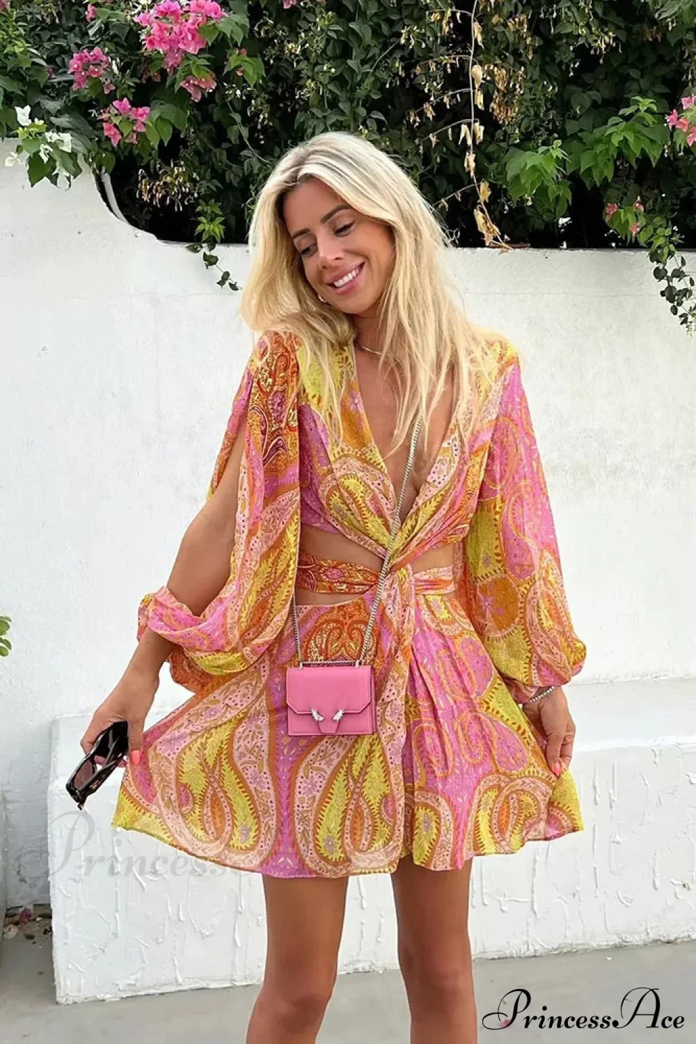 Legant Print Hollow Out Pleated Mini Boho Dress