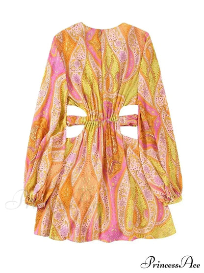 Legant Print Hollow Out Pleated Mini Boho Dress