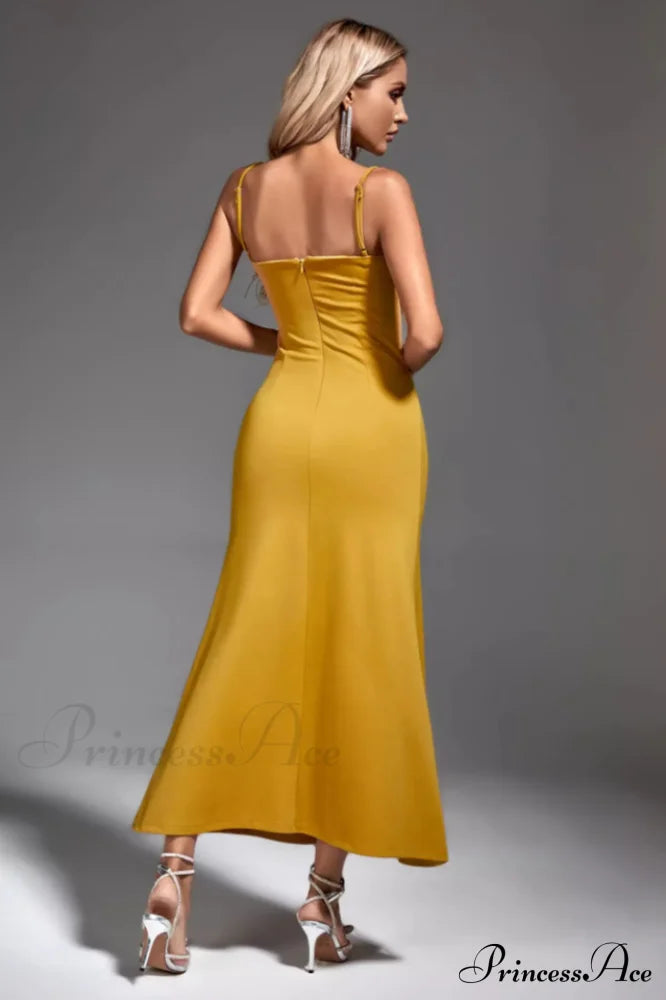 Leighton Yellow Stylish Feather Maxi Dress