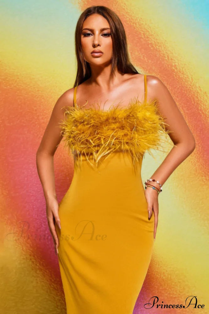 Leighton Yellow Stylish Feather Maxi Dress
