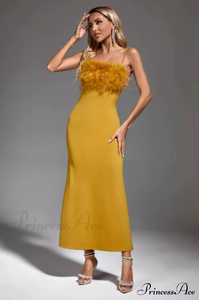 Leighton Yellow Stylish Feather Maxi Dress