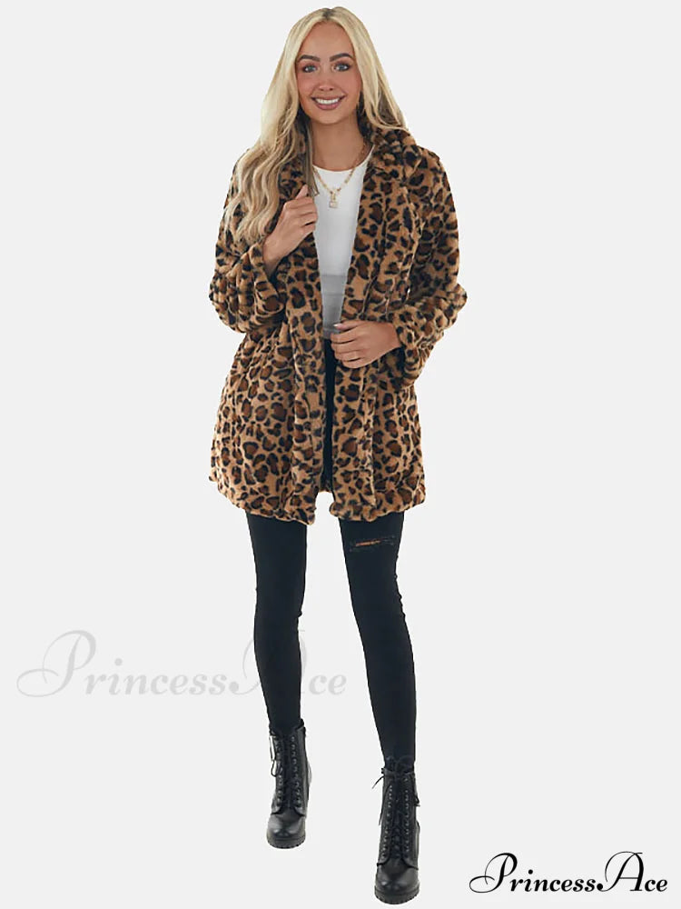 Leopard Bear Hooded Trendy Cute Fuzzy Romper Coats-L