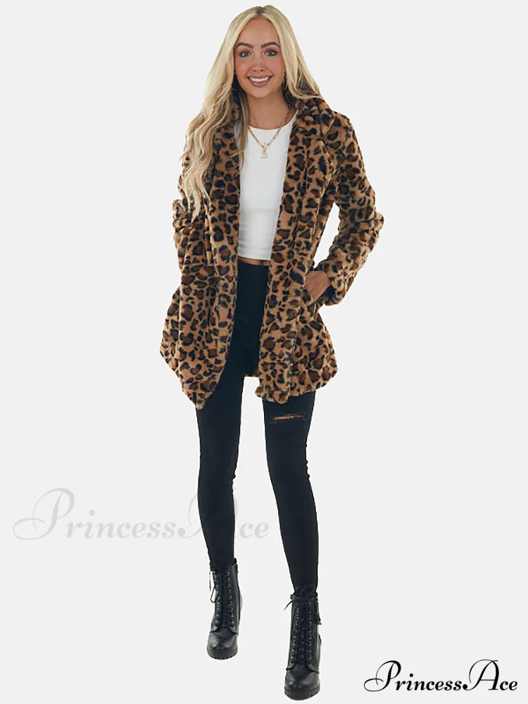 Leopard Bear Hooded Trendy Cute Fuzzy Romper Coats-L