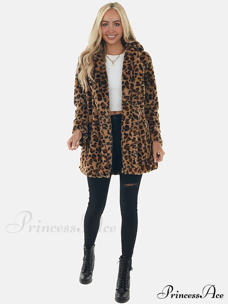 Leopard Bear Hooded Trendy Cute Fuzzy Romper Coats-L