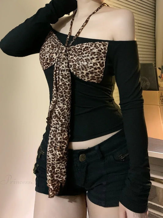 Leopard Bow Halter Knit Top