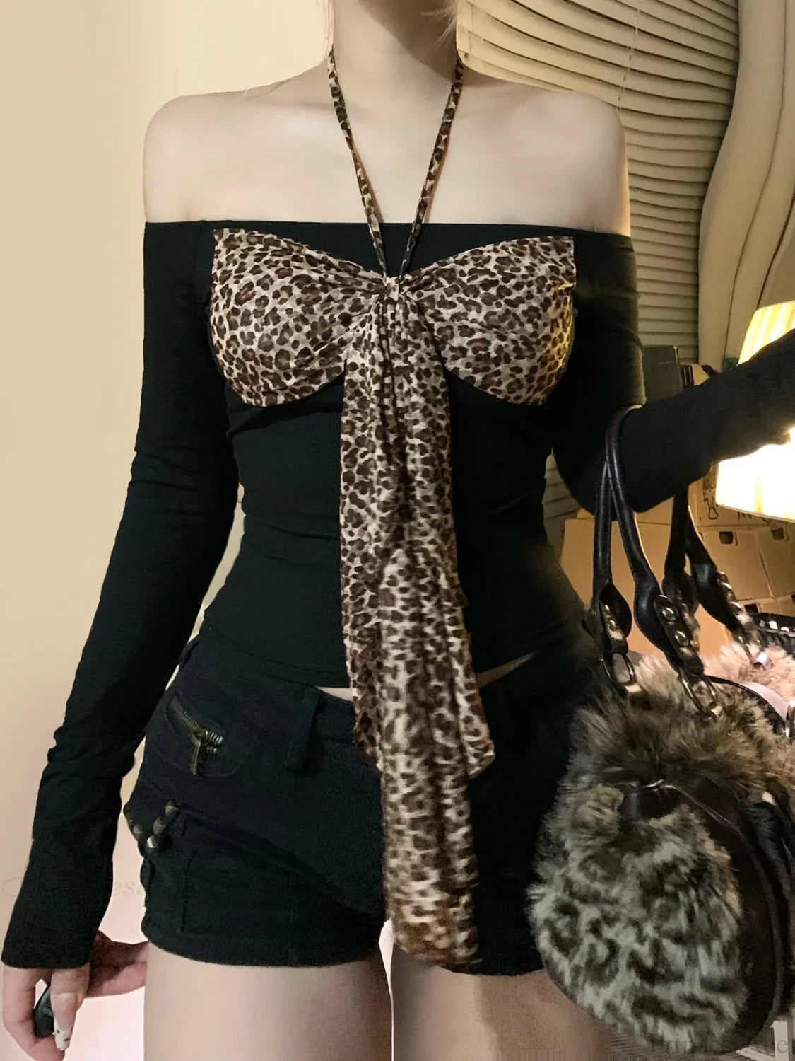 Leopard Bow Halter Knit Top Black / S