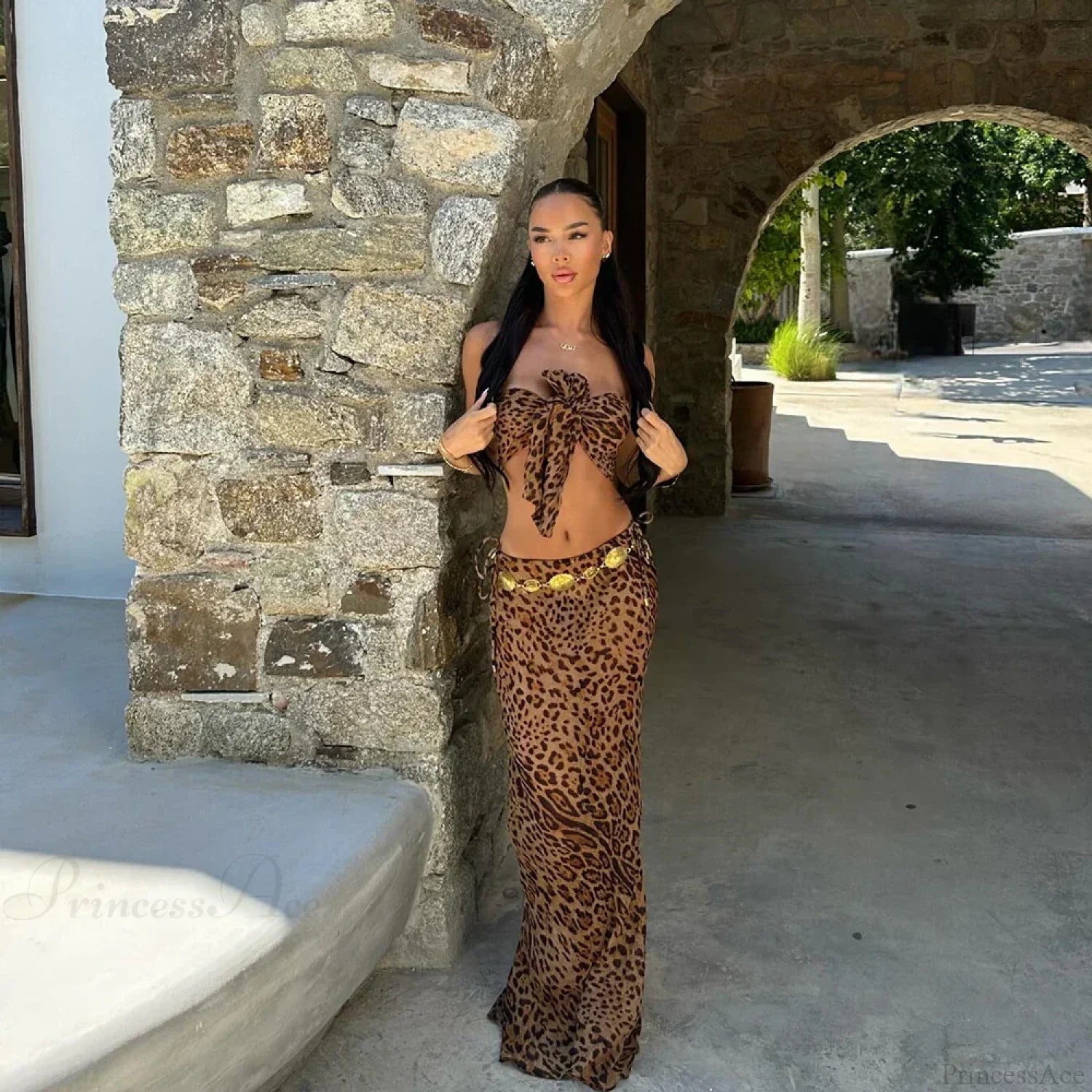 Leopard Bow Long Skirt Three Piece Swimsuit