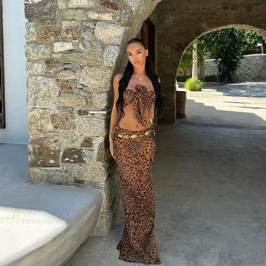 Leopard Bow Long Skirt Three Piece Swimsuit khaki / S