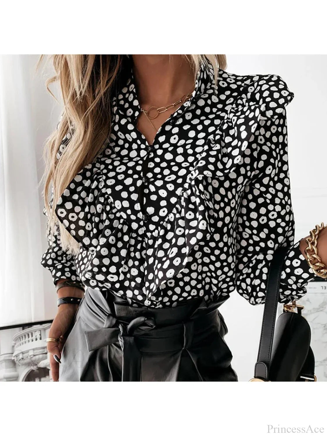 Leopard Dot Print Ruffle V Neck Blouse blouse-250126