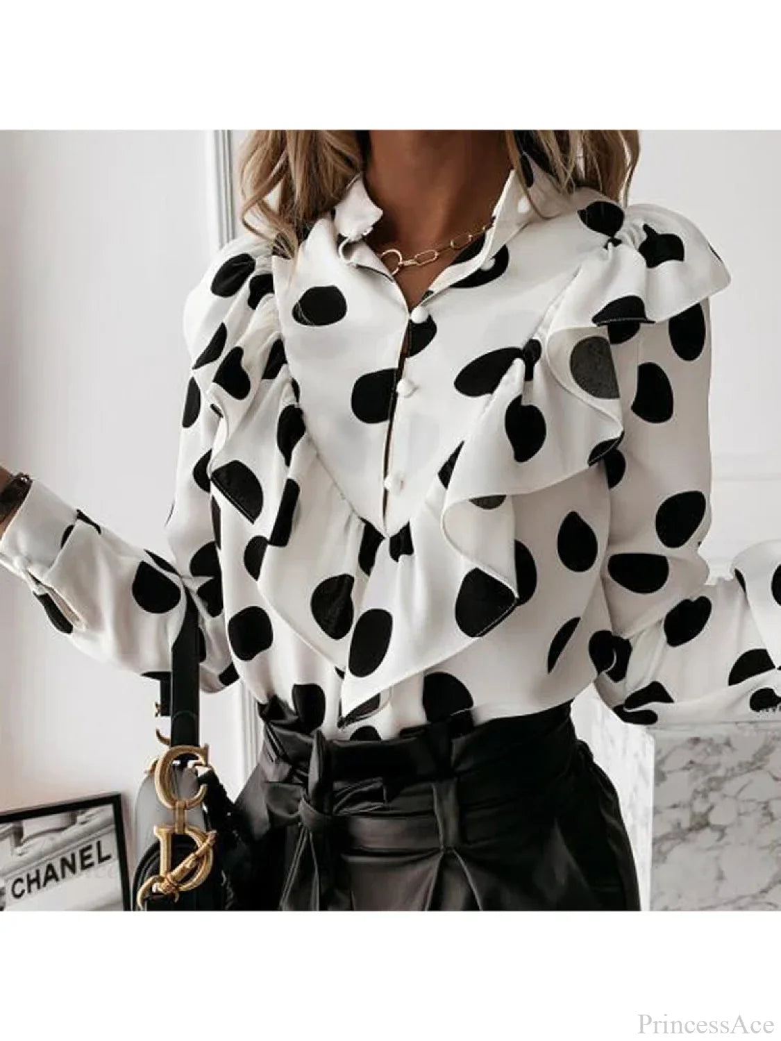 Leopard Dot Print Ruffle V Neck Blouse blouse-250126