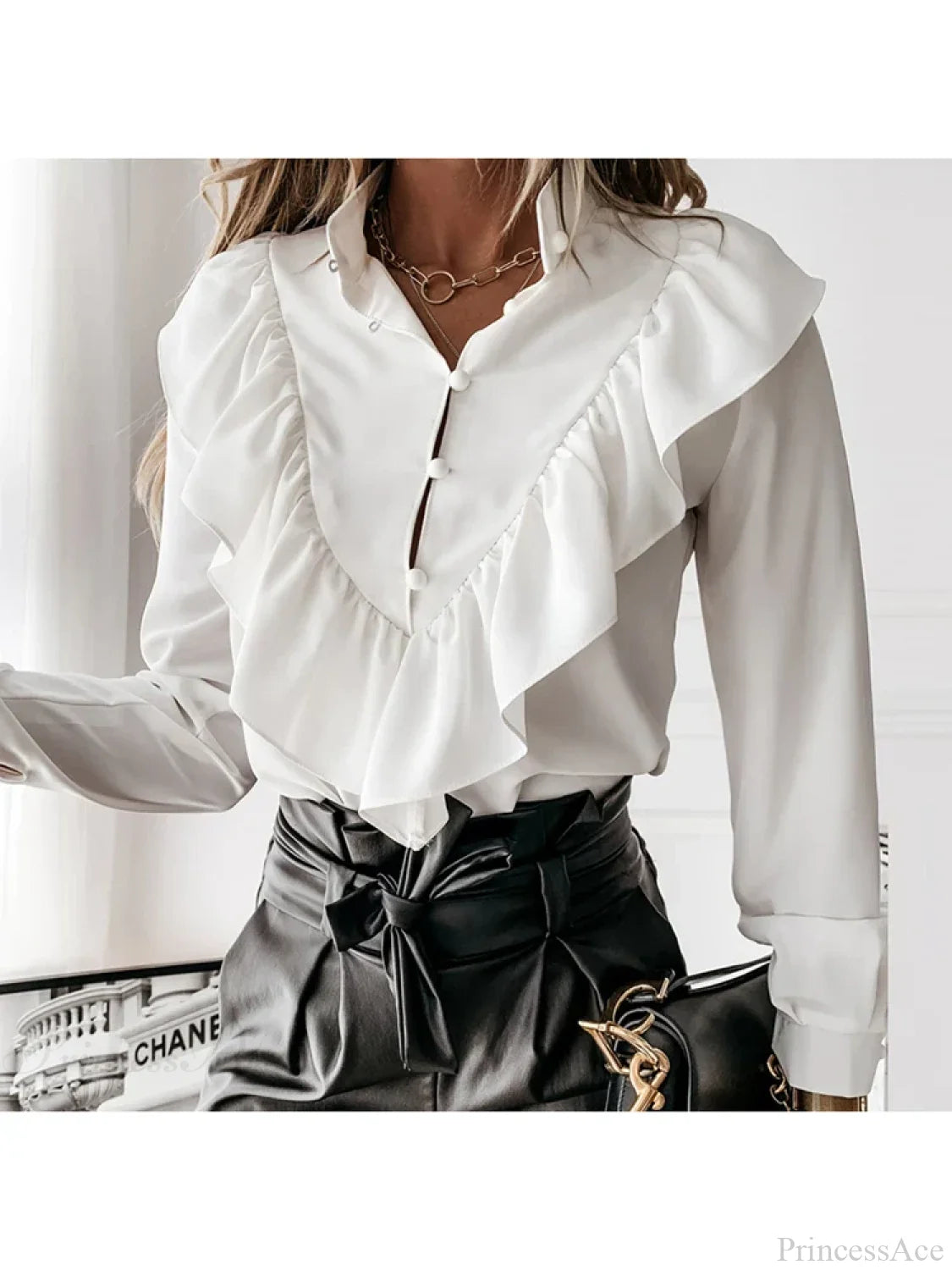 Leopard Dot Print Ruffle V Neck Blouse WHITE / S blouse-250126