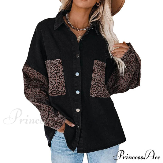 Womens Contrast Leopard Denim Jacket Long Sleeve Button Down Shirts Black __stock:200 clothes refund_fee:1200 tops