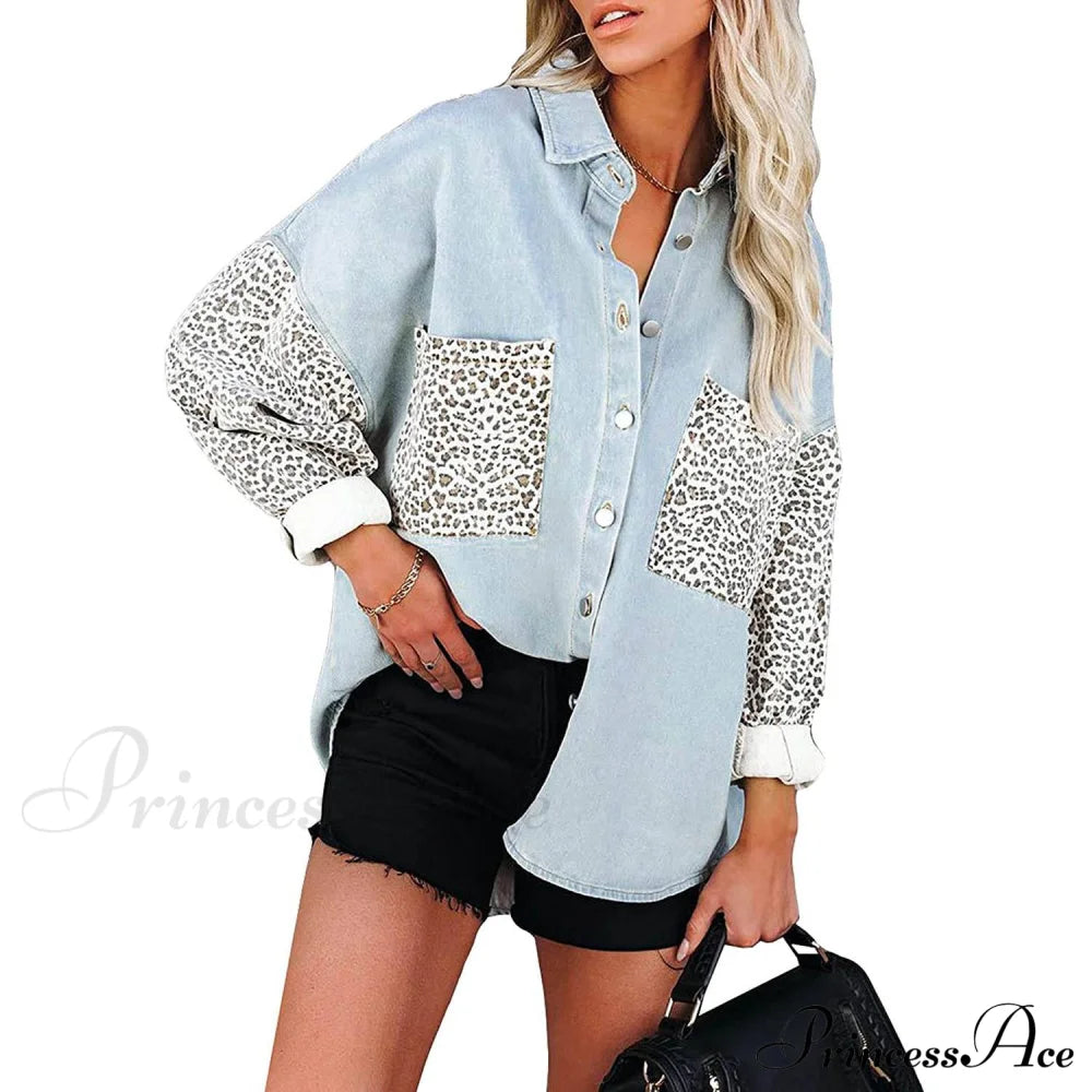 Womens Contrast Leopard Denim Jacket Long Sleeve Button Down Shirts Sky Blue __stock:200 clothes refund_fee:1200 tops