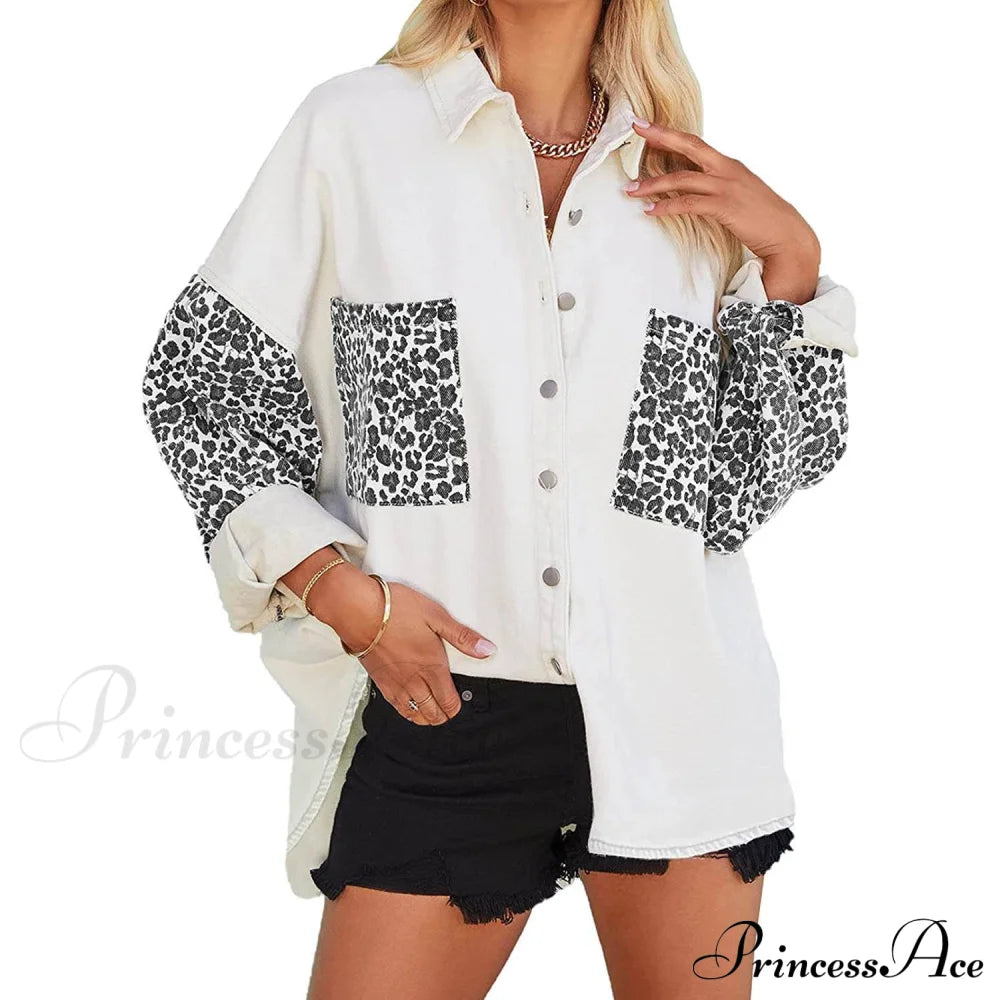 Womens Contrast Leopard Denim Jacket Long Sleeve Button Down Shirts White __stock:200 clothes refund_fee:1200 tops