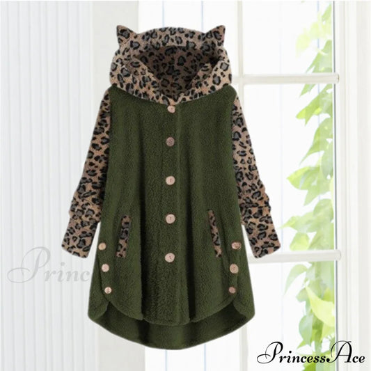 Leopard Patchwork Cat Ears Coat Army Green Best Sellings cardigan cardigans clothes Plus Size Sale tops