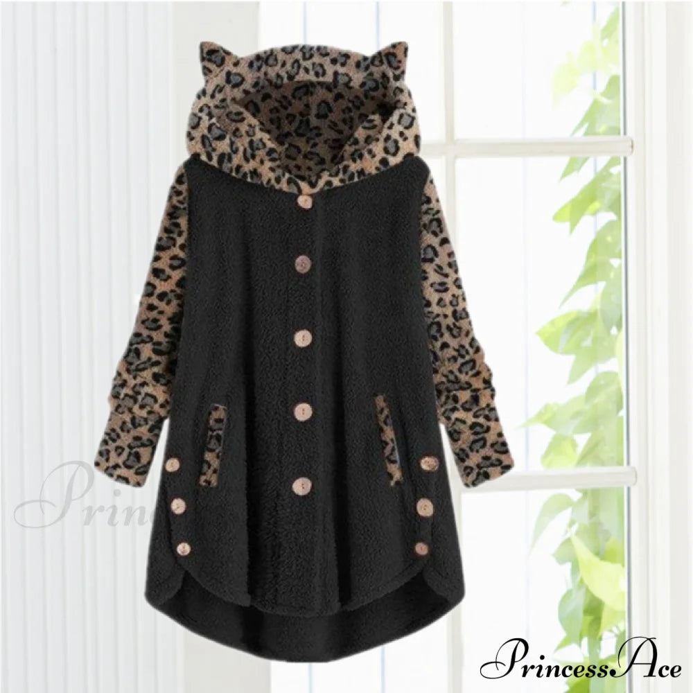 Leopard Patchwork Cat Ears Coat Black Best Sellings cardigan cardigans clothes Plus Size Sale tops