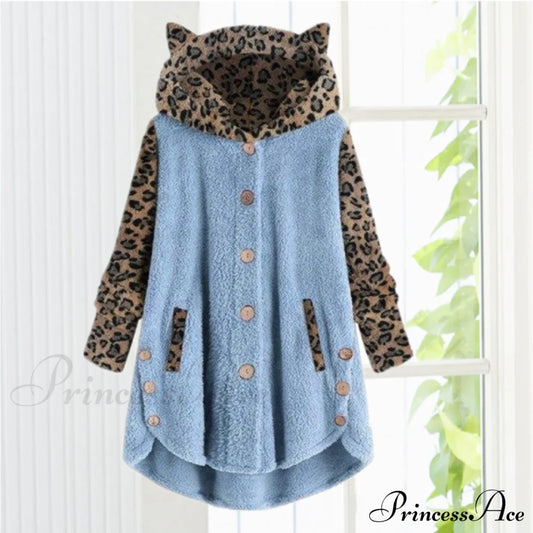 Leopard Patchwork Cat Ears Coat Blue Best Sellings cardigan cardigans clothes Plus Size Sale tops